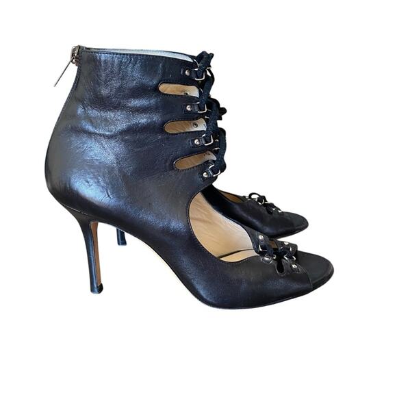 Jimmy Choo Black Leather Cut Out High Heel Sandals size 37 1/2 size 7.5 - Picture 2 of 12
